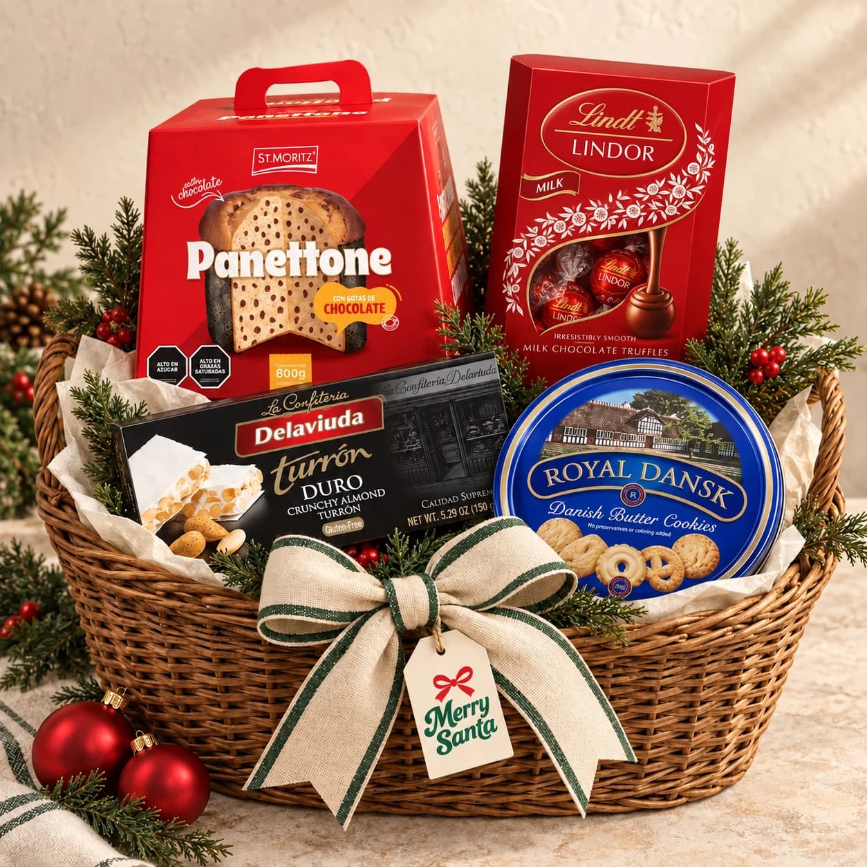 Propuesta de cesta para regalar en equipo, con panettone St. Moritz, bombones Lindt Lindor, galletas Royal Dansk y turrón Delaviuda