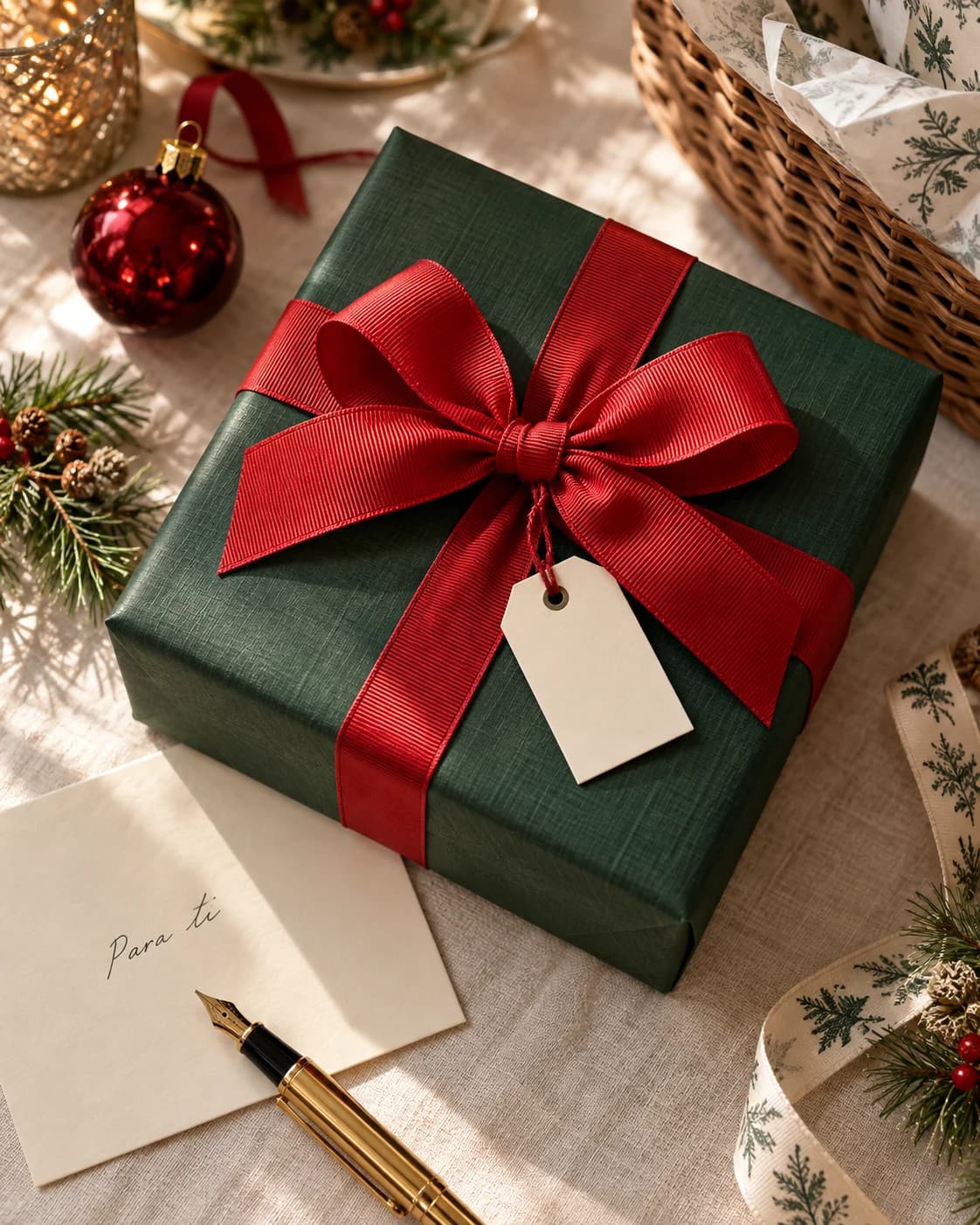 Lazo rojo sobre un regalo verde, tarjeta de dedicatoria y detalles navideños en una mesa de lino