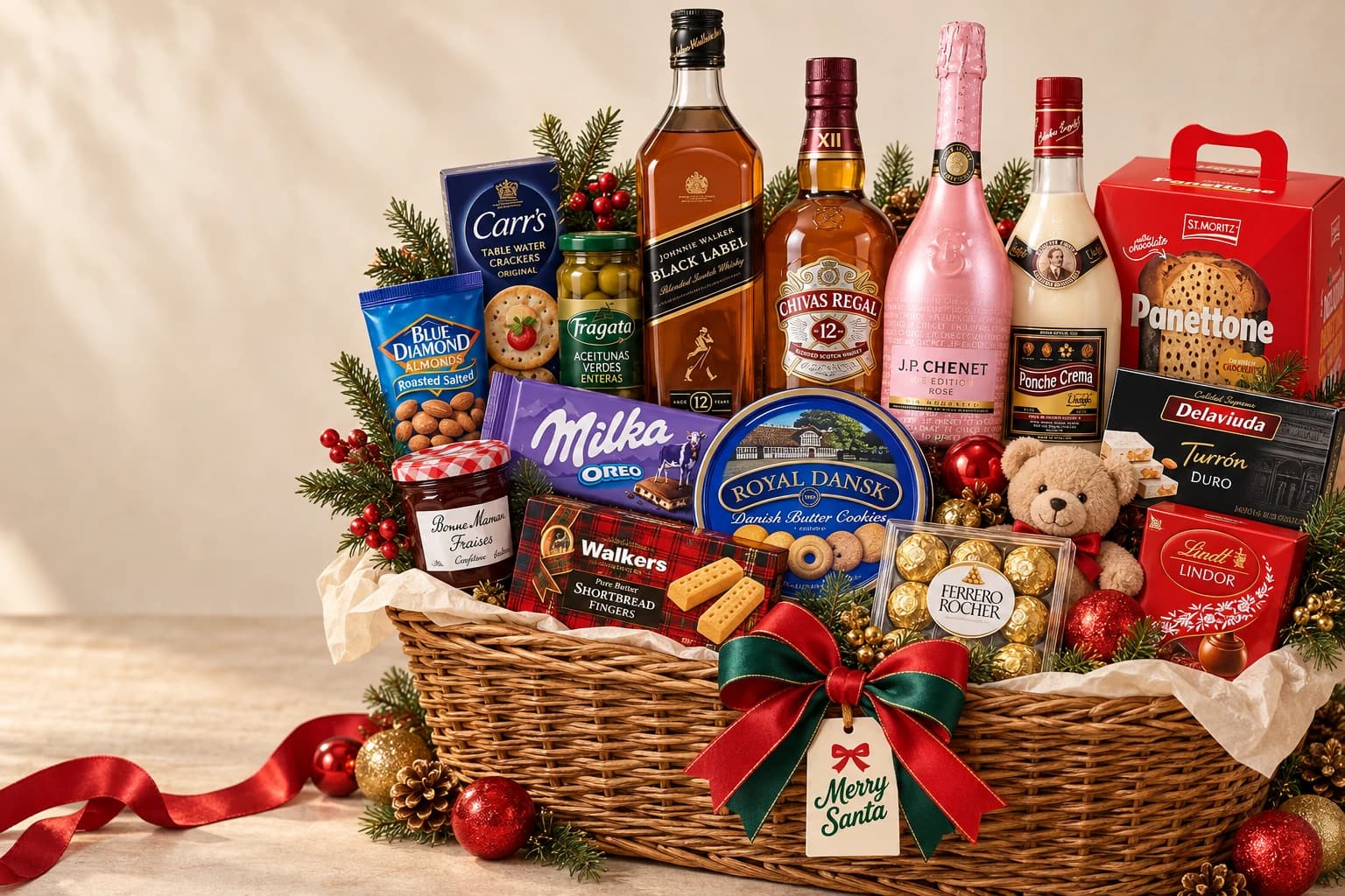Gran cesta Merry Santa con whisky, espumante, Ponche Crema, panettone, chocolates, galletas, aceitunas en vidrio y aperitivos; montaje de referencia